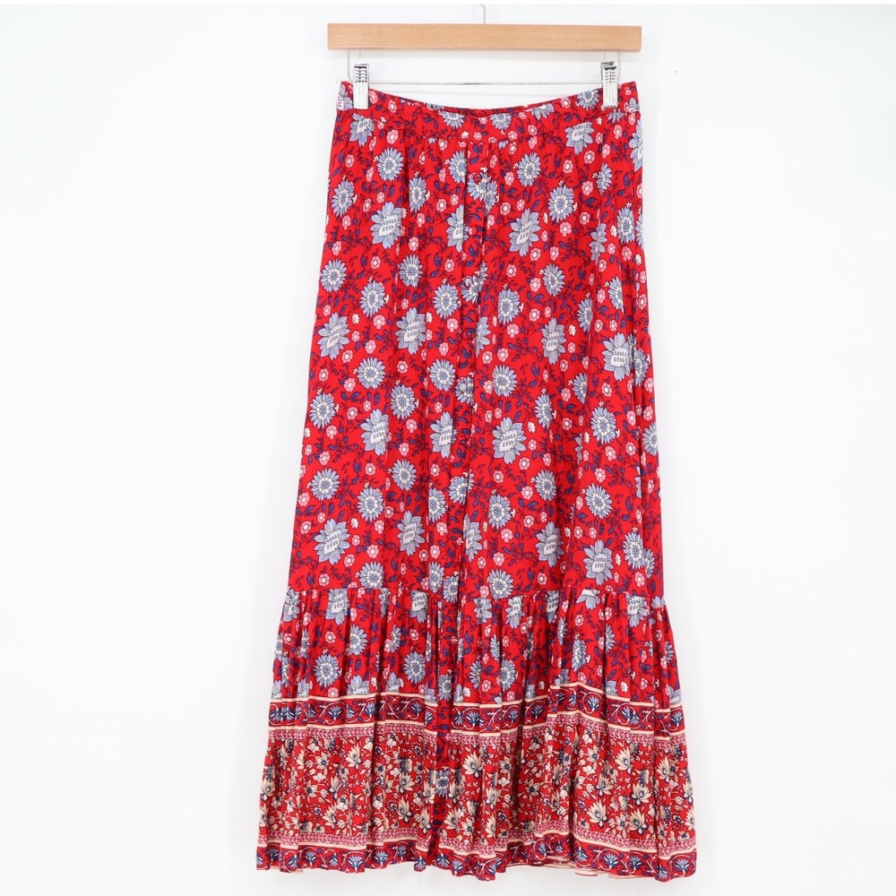 Mango Maxi Skirt Womens S Casual Red Floral Tiered Bohemian Long Excellent